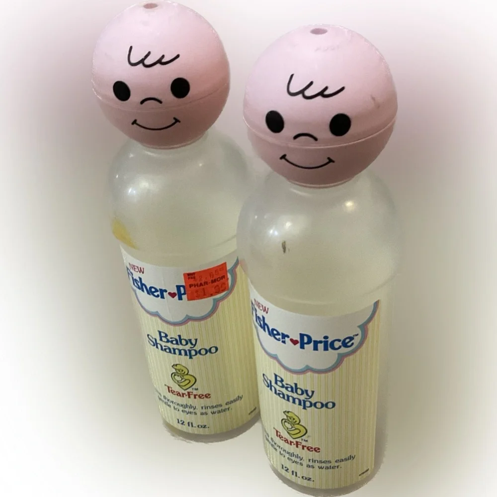 Lot 2 c1989 FISHER PRICE SHAMPOO: Character Head 12 Fl oz bottle Used Empty VTG